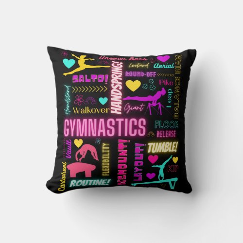 Colorful Girls Gymnastics Glossary Typography   Throw Pillow