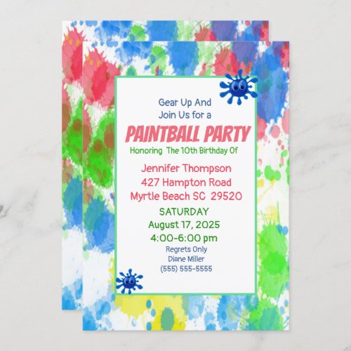 Colorful Girls Paintball Birthday Party Invitation