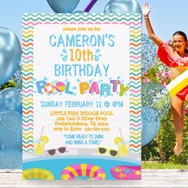 Colorful Girls Splash Pool Party Birthday Invitation (Colorful Girls Splash Pool Party Birthday Invitation)