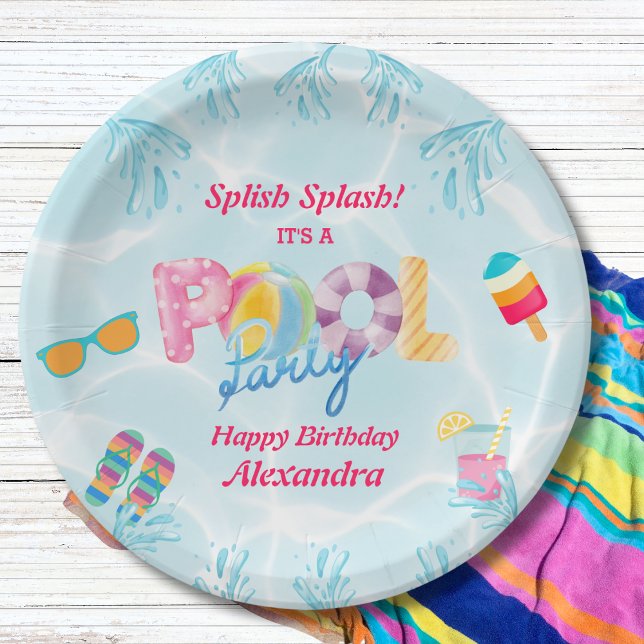 Colorful Girls Swimming Pool Birthday Party Paper Plates (Creator Uploaded)