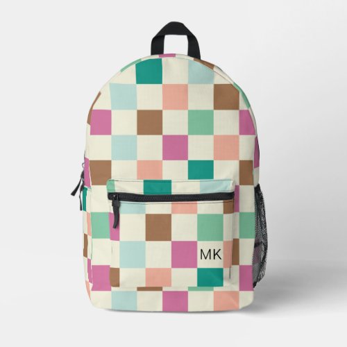 Colorful Girly Checkerboard Monogram Initials Printed Backpack