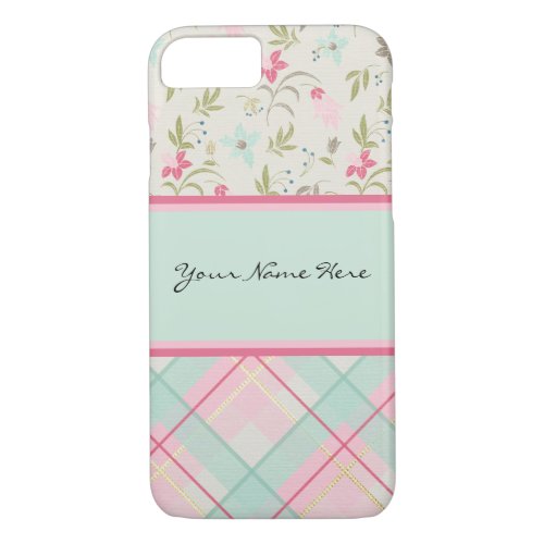 Colorful Girly Flowers and Beautiful Plaid Pattern iPhone 87 Case