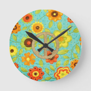 Colorful Girly Groovy Peace Floral Print Round Clock