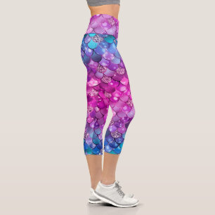 Colorful Girly Mermaid Glitter Scale Pattern Capri Leggings