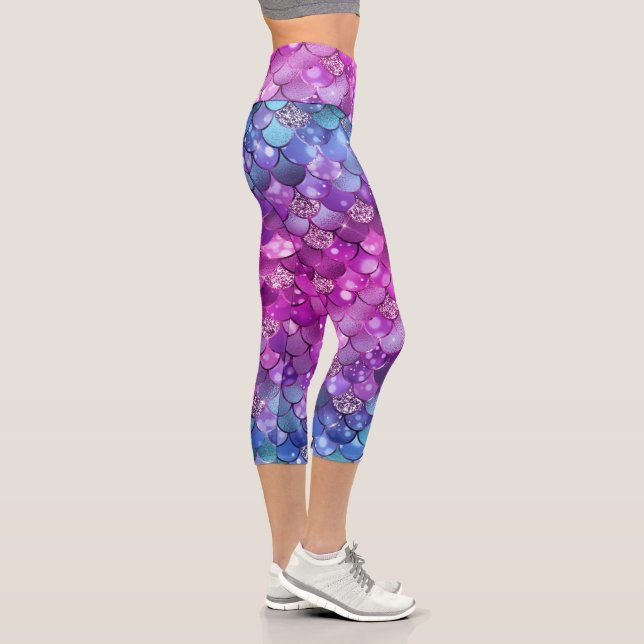 Colorful Girly Mermaid Glitter Scale Pattern Capri Leggings (Right)
