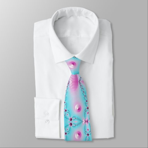 Colorful Girly pink and blue flower fractal Neck Tie