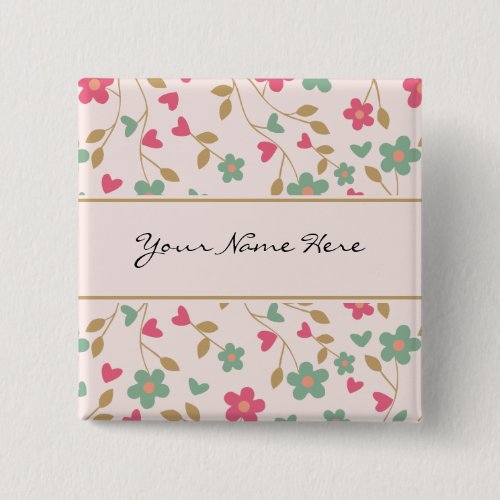 Colorful Girly Pink  Brown Floral Pattern Pinback Button