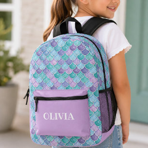 Colorful Girly Purple and Teal Mermaid Scales Printed Backpack
