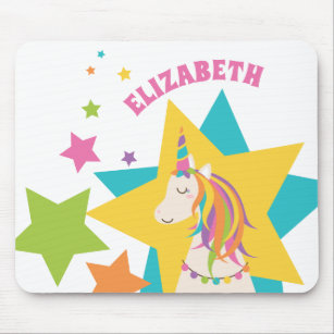 Colorful Girly Rainbow Unicorn Stars Add Your Name Mouse Pad