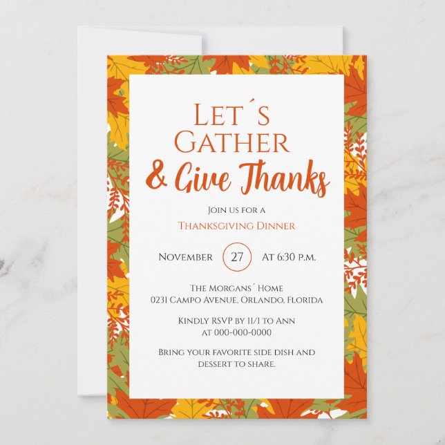 Colorful Give Thanks Fall Leaves Thanksgiving Invitation (Front)