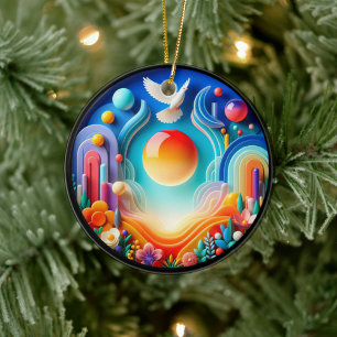Colorful Glass Abstract Dove Rainbow Garden Ceramic Ornament