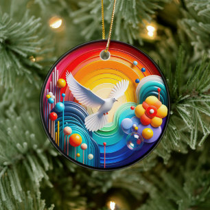 Colorful Glass Abstract Dove Rainbow Garden Ceramic Ornament