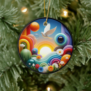 Colorful Glass Abstract Dove Rainbow Garden Ceramic Ornament