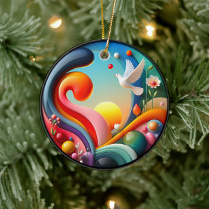 Colorful Glass Abstract Dove Rainbow Garden Ceramic Ornament