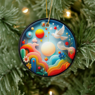 Colorful Glass Abstract Dove Rainbow Garden Ceramic Ornament