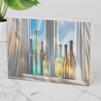colorful glass bottles wooden box sign