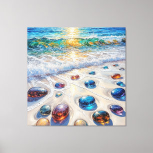 Colorful Glass Stones by the Ocean Waves Canvas Print