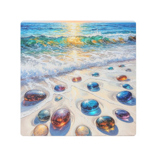 Colorful Glass Stones by the Ocean Waves Metal Print