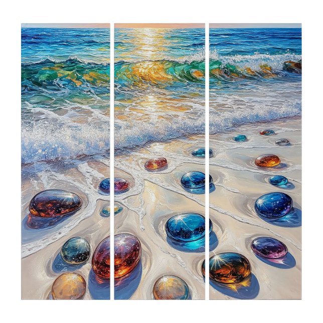 Colorful Glass Stones by the Ocean Waves Triptych (Front)
