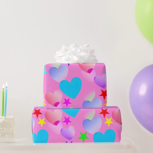 Colorful Gliding Hearts n Stars Gift Wrap Paper