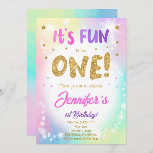 Colorful Glitter 1st Birthday Invitation