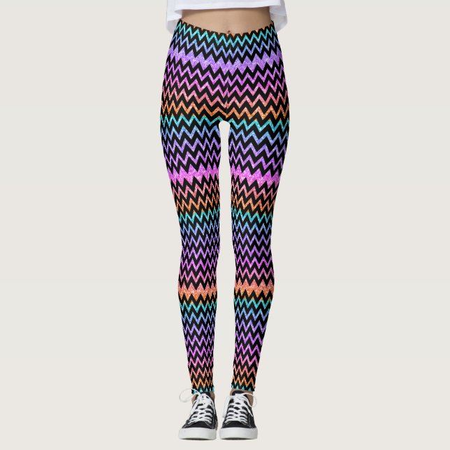 Colorful Glitter & Black Chevron Leggings (Front)