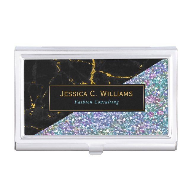 Colorful Glitter & Black Marble Business Card Holder (Front)