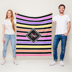 Colorful Glitter Black Stripes Monogram Fleece Blanket