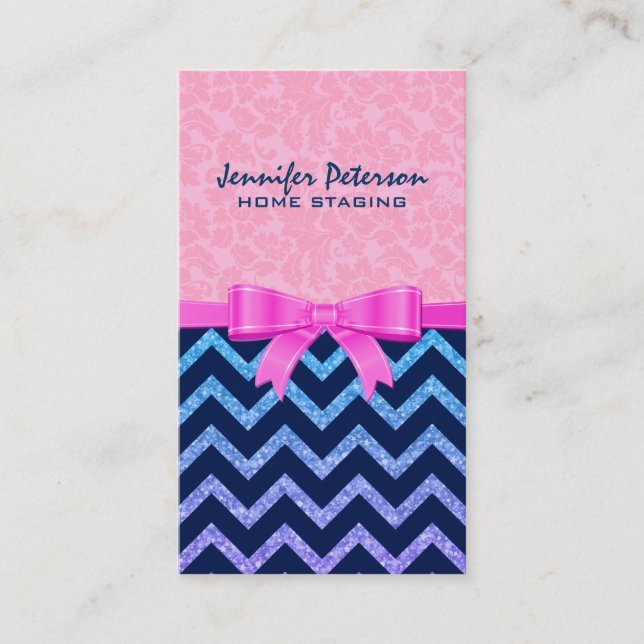 Colorful Glitter Blue Chevron Pink Damasks Business Card (Front)