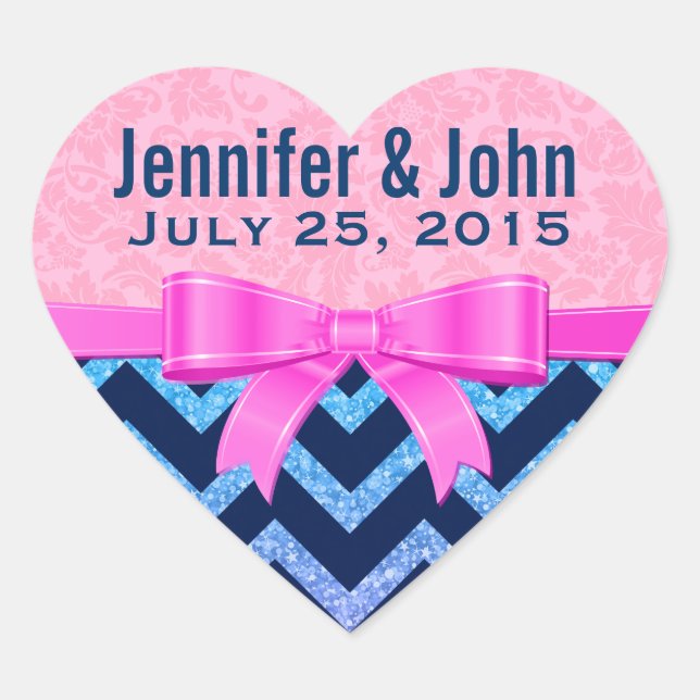 Colorful Glitter Blue Chevron Pink Damasks Heart Sticker (Front)