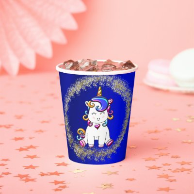 Colorful Glitter Blue Unicorn Birthday Paper Cup