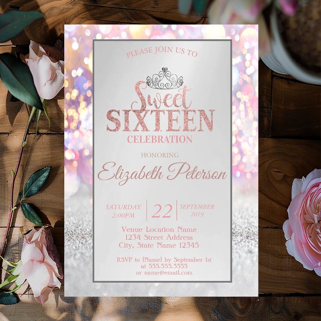 Colorful Glitter Bokeh Ombre,Tiara Sweet 16 Party Invitation (Creator Uploaded)