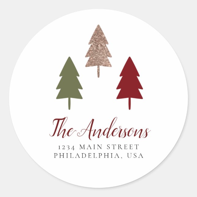 Colorful Glitter Christmas Tree New Address Classic Round Sticker (Front)