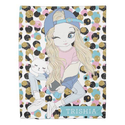 Colorful Glitter Dots and Girl with Cat Skateboard Duvet Cover