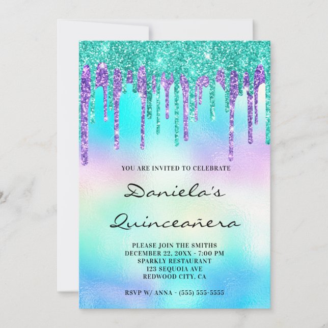 Colorful Glitter Drip Iridescent Quinceañera Invitation (Front)