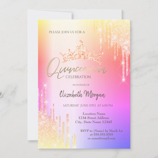 Colorful Glitter Drops Crown Quinceañera Invitation (Front)
