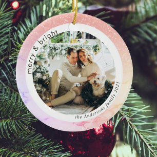 Colorful Glitter Family Photo   Merry And Bright Ceramic Ornament