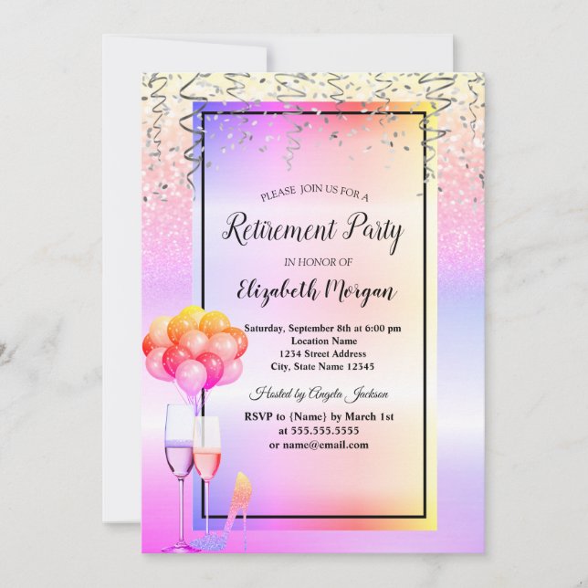 Colorful Glitter Glass,Balloons Retirement Party Invitation (Front)