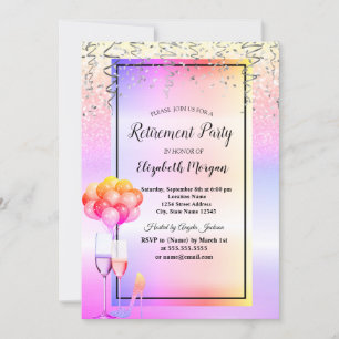 Colorful Glitter Glass,Balloons Retirement Party Invitation