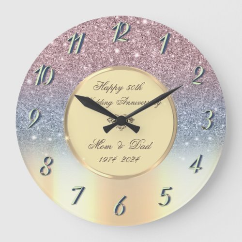 Colorful GlitterGold 50th Wedding Anniversary Large Clock