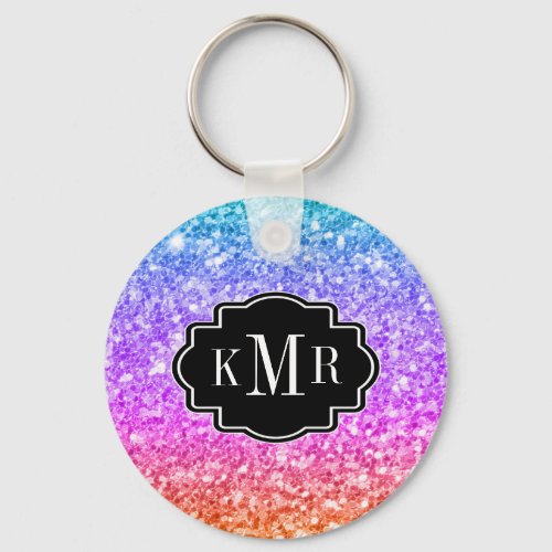 Colorful Glitter Gradient Black Accent  Monogram Keychain