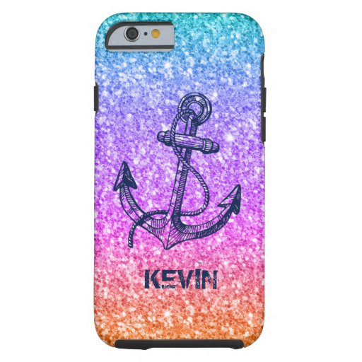 Colorful Glitter & Midnight-Blue Nautical Anchor Tough iPhone 6 Case