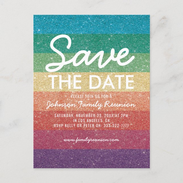 Colorful Glitter Party Reunion Save the Date Announcement Postcard (Front)
