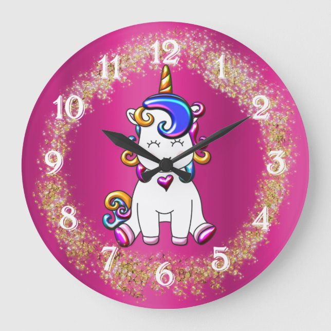 Colorful Glitter Pink Unicorn Large Clock (Front)