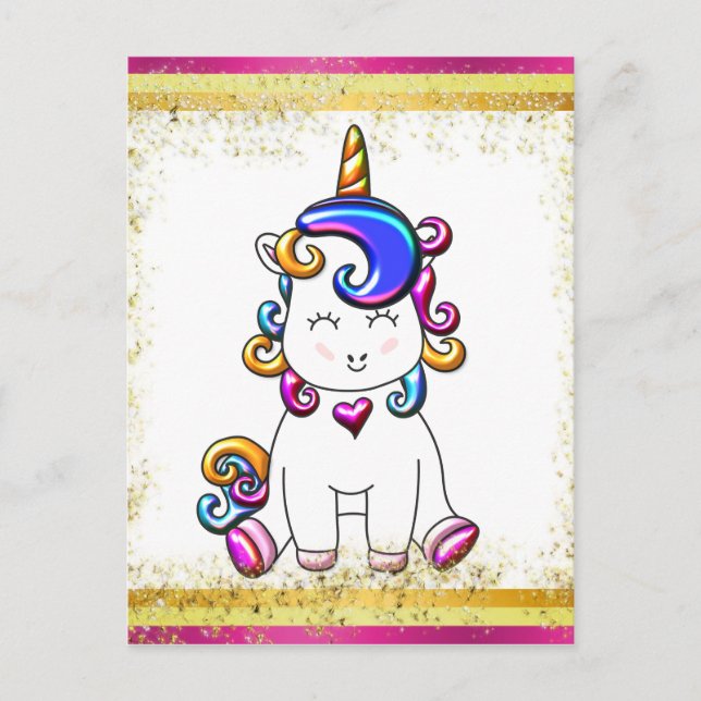Colorful Glitter Pink Unicorn Postcard (Front)
