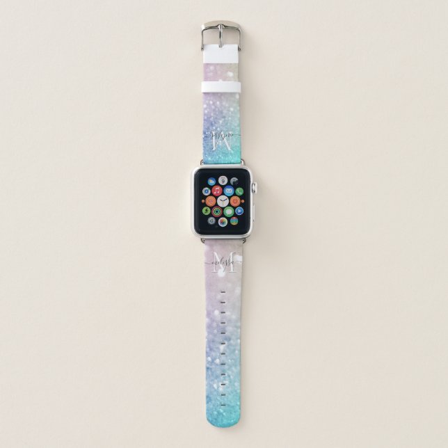Colorful Glitter Pretty Bokeh Monogrammed Apple Watch Band (Front)