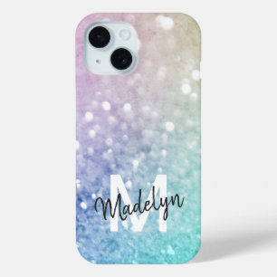 Colorful Glitter Pretty Bokeh Monogrammed iPhone 15 Case