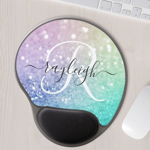 Colorful Glitter Pretty Bokeh Monogrammed Gel Mouse Pad