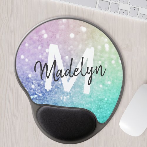 Colorful Glitter Pretty Bokeh Monogrammed Gel Mouse Pad