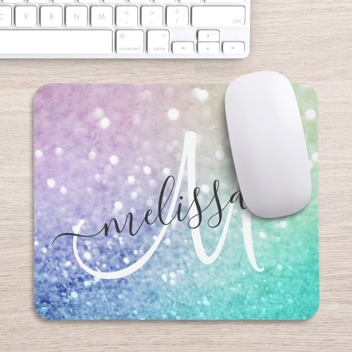 Colorful Glitter Pretty Bokeh Monogrammed Mouse Pad